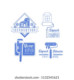 Vector set of monochrome emblems for plumbing and repairing services. Blue logos for home renovation companies