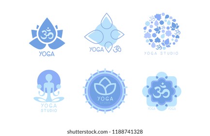 Vector set of monochrome emblems for yoga studio or meditation center. Health theme. Elements for promo poster or flyer