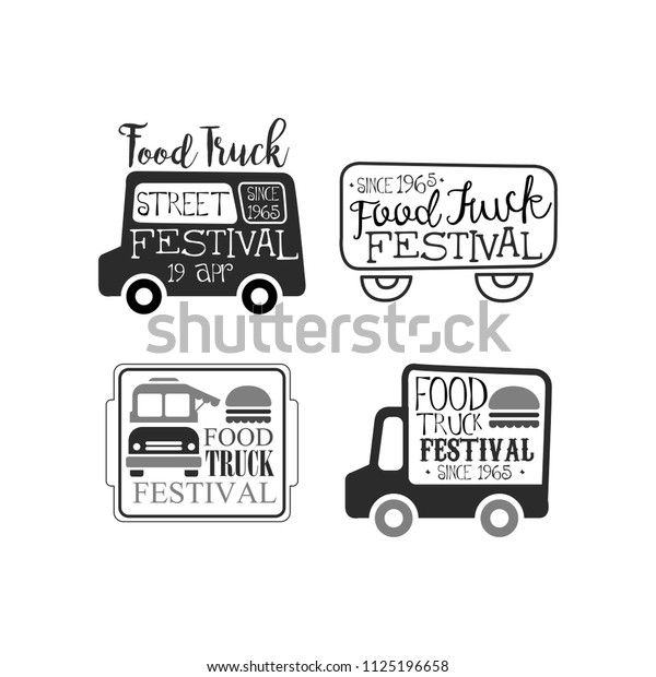 Vector set of monochrome food truck festival\
emblems. Creative logos with vans, burgers and lettering. Cafe on\
wheels. Street fast\
food