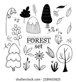 Vector set of monochrome forest images which includes mountains, trees, grass, flowers, berries and stems. Hand drawn sketch-style set.