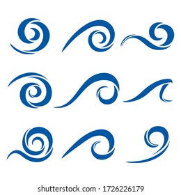 Vector set of monochrome glyph waves with optical volume effect blue isolated on white background. Decorative simple design elements in a marine style for poster, invitation, card, logo, banner, flyer