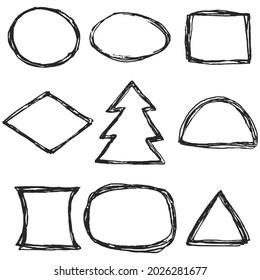 Conjunto vectorial de marcos de tinta dibujados en grunge monocromático aislados en fondo blanco.Grupo de marcos geométricos decorativos diferentes con bordes brutos de grano jeteado para el diseño de pancarta, afiche, impresión en papel