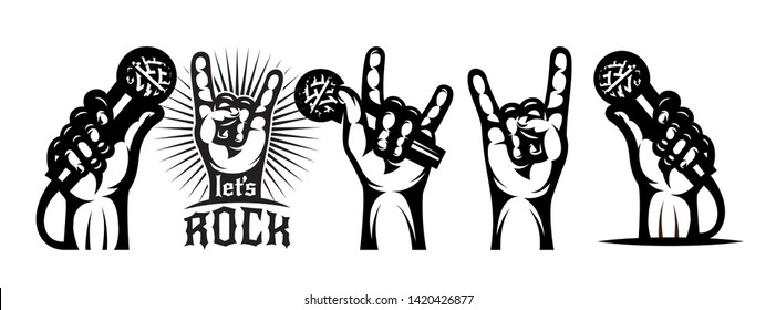 Vector set of monochrome hands patterns with microphone. Music theme.