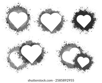 Vector set of monochrome heart silhouette clip art with watercolor splashes isolated from background. Holiday grunge hearts collection for icons