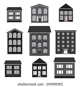 Vector set  monochrome icon houses for your design. Concept theme symbol. Building vector silhouette.
