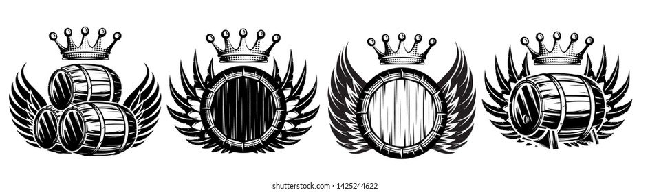 Vector set of monochrome illustrations with cask, wings and crown.