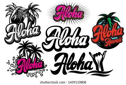 Vector set of monochrome illustrations on aloha with a palm.