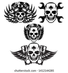 vector set of monochrome image on motorcycle theme with skull, wings, engine.