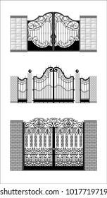 Vector set of monochrome images of beautiful wrought iron gates