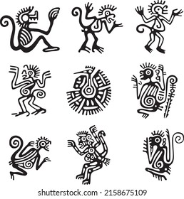 Vector set of monochrome Indian symbols. National ornament of native americans, aztecs, maya, incas.