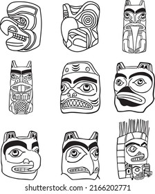 Vector set of monochrome Indian symbols. National ornament of native americans, aztecs, maya, incas. Haida mask.