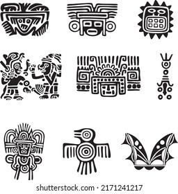 Vector set of monochrome Indian symbols. National ornament of native americans, aztecs, maya, incas.