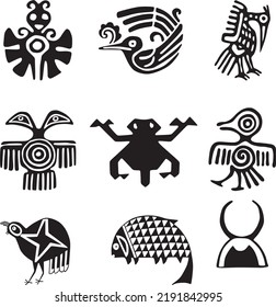 Vector set of monochrome Indian symbols. National ornament of native americans, aztecs, maya, incas.