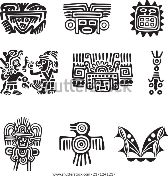 Vector set of monochrome\
Indian symbols. National ornament of native americans, aztecs,\
maya, incas.