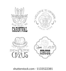 Vector set of monochrome logos for circus and Mardi Gras carnival. Hand drawn emblems with mask, jester, elephant, clown's hat and mouth