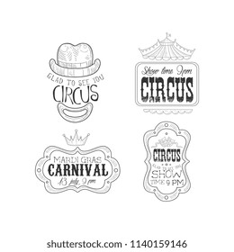 Vector set of monochrome logos for circus and Mardi Gras carnival. Sketch emblems with clown s hat and mouth, roof of marquee, crown and masks