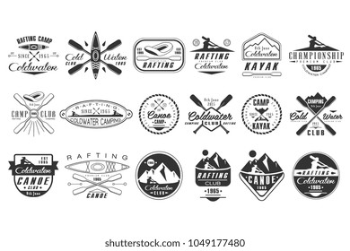 Vector set of monochrome logos for coldwater club. Canoe camp emblems. Extreme water sport. Vintage rafting badges. Outdoor activity. Design for poster, t-shirt print