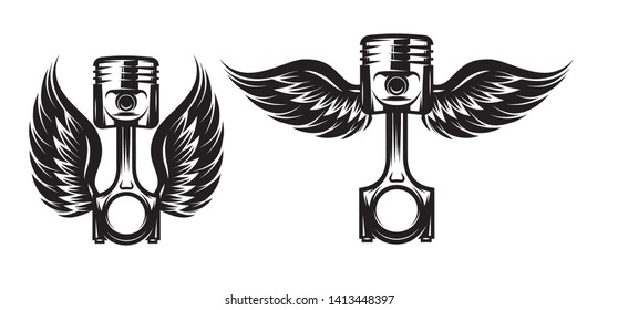 Vector set of monochrome patterns on a motorcycle theme with piston and wings.