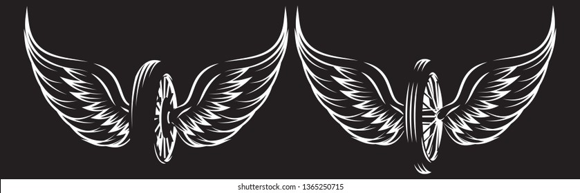 Vector set of monochrome patterns - wheel with wings.