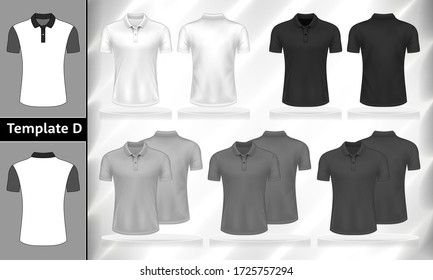 Vector set of monochrome Polo T-shirts front and back view mockup for clothes use in template design illustration.White, grey and black color men's t-shirt short sleeves isolated on background.