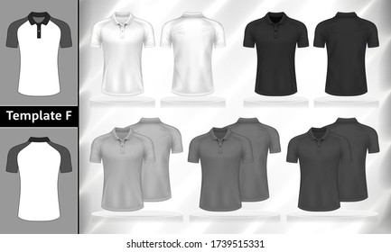 Juego de vectores de camisetas polo monocromáticas modelo de visión frontal y trasera para la ropa utilizada en la ilustración de diseño de plantilla.Mangas cortas de camisetas blancas, grises y negras de color masculino aisladas en el fondo.