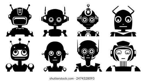 Vector set of monochrome portraits of various robots isolated from background. Collection of black silhouette androids. illustrations of childish cyborg toys for icon and your design