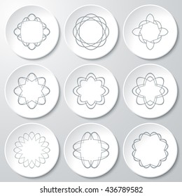 Vector set of monochrome round icons. Collection of gray isolated  round shaped labels.