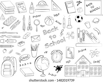 Vector set of monochrome school supplies and stationery. Bundle of accessories for lessons, items for education of smart pupils and students isolated on white background. Linear hand drawn illustratio