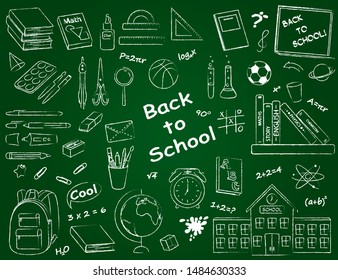 Vector set of monochrome school supplies and stationery. Bundle of accessories for lessons, items for education of smart pupils and students isolated on green background. Linear hand drawn illustratio