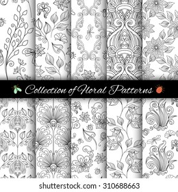 Vector Set of Monochrome Seamless Floral Patterns. Hand Drawn Floral Textures, Decorative Flowers and Insects