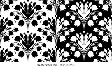 Vector set of monochrome seamless patterns with bouquets of lilies of the valley. Black and white textures with decorative floral arrangement. Surface design with spring flowers for wallpaper, fabric