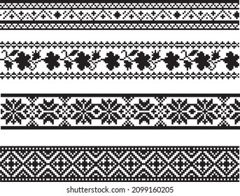 Vector set of monochrome seamless Ukrainian borders. Endless patterns of Slavic peoples, Russians, Belarusians, Bulgarians, Poles, Serbs. Cross-stitch, embroidery.
