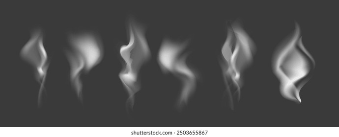 Vector set of monochrome smokes on a dark background. Collection of mists and fogs  isolated from the background. Magical witch effects for your design projects