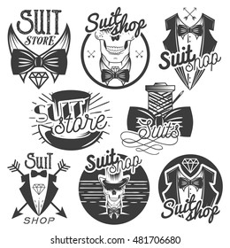 Conjunto vectorial de etiquetas monocromáticas, logos, banners o insignias. Tejido aislado, corbata de arco y sombrero superior en estilo vintage sobre fondo blanco