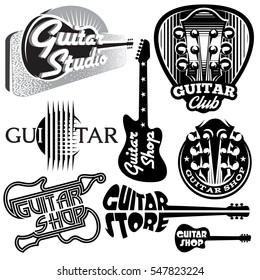 vector set of monochrome templates for logos on the theme of music and guitar