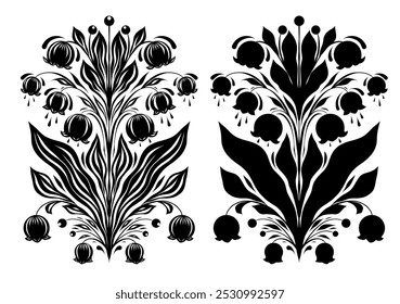 Vector set of monochrome tracery illustration of lilies of the valley. Collection of black silhouette floral arrangement isolated from background. Decorative spring flowers for postcards and icons