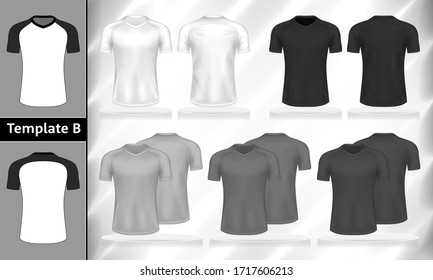 Vector set of monochrome T-shirts front and back view mockup for clothes use in template design illustration.White, grey and black color v-neck men's t-shirt with short sleeves isolated on background.