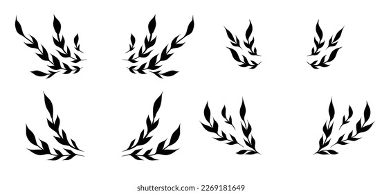 Vector set of monochrome wreaths from branches with foliage and copy space. Collection of black frames with twigs and stems. Silhouette of hand drawn natural element for invitation and card.