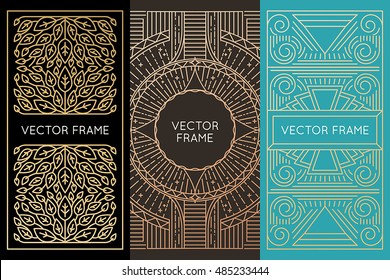 Vector set of monogram design elements in trendy vintage and mono line style with copy space for text - abstract emblem and packaging template in golden colors for luxury products