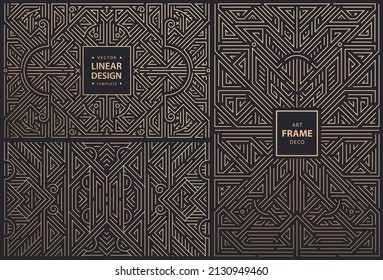 Vector set of monogram design in trendy vintage and mono line style with space for text, abstract golden geometric frames, luxury packaging templates. Use for ad, poster, card, cover. Art deco