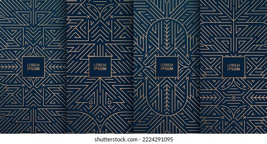 Vector set of monogram design in trendy vintage line style with space for text, abstract art deco geometric frames, luxury package templates. Use for wedding invitation, cover, card, print, poster