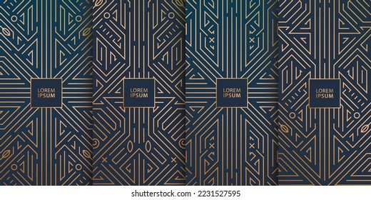 Vector set of monogram design in trendy vintage line style with space for text, abstract art deco geometric frames, luxury package templates. Use for wedding invitation, cover, card, print, poster