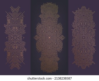 Vector set of monogram design in vintage and mono line style, abstract golden geometric shapes, luxury decor templates, dividers, banners, design elements. Art deco, sacred geometry