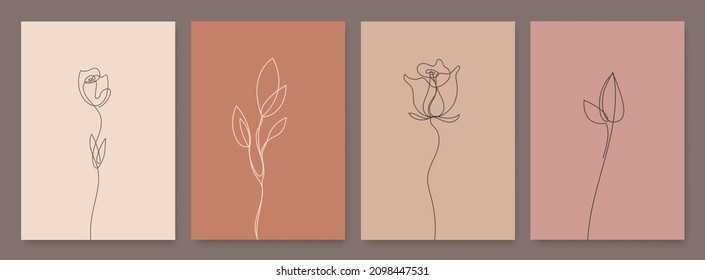 Juego de vectores de flores de dibujo de monolina, hojas de juego de impresión, naturaleza una línea afiches botánicos. Arte, contorno estético. Uso para Decoración en Casa, Impresión de camisetas, Estuche móvil. 