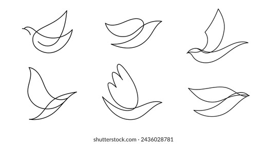 Vector set of monoline, line hand drawn bird logos. Flying dove, pigeon freedom illustrations. Sketches, symbols isolated