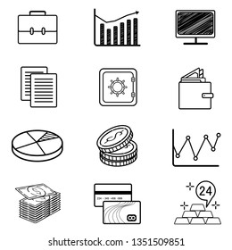 Vector set of monoweight linear icons and symbols on Fintech. Editable stroke design elements on innovative Financial Technology, featuring Blockchain, direct payments, Underbanked, Encryption, etc.