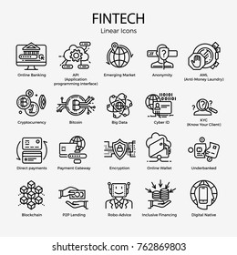 Vector set of monoweight linear icons and symbols on Fintech. Editable stroke design elements on innovative Financial Technology, featuring Blockchain, direct payments, Underbanked, Encryption, etc.