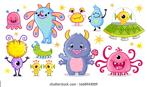 Vector set with monsters in cartoon style. Creepy aliens. Collection with funny ugly creatures.