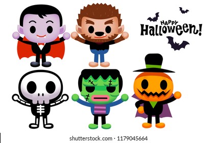 Vector set of monsters, ghost with happy Halloween text