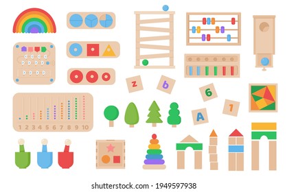 Vector Set of Montessori games. Children wooden eco friendly logic toys for preschool kids. Playthings for baby development. Collection of various element for entertainment and educational games.